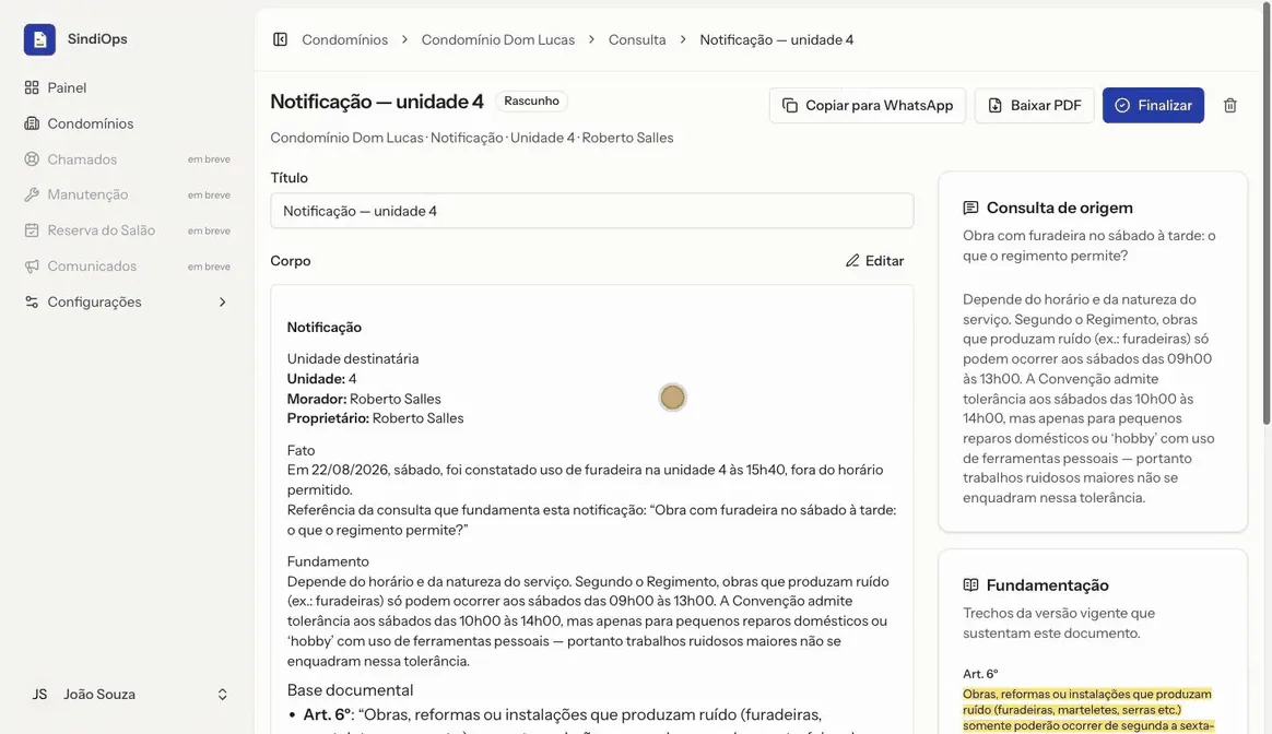 Notificação gerada pelo SindiOps para a unidade 4, com o fato descrito e os artigos 6º e 52 do regimento como fundamento