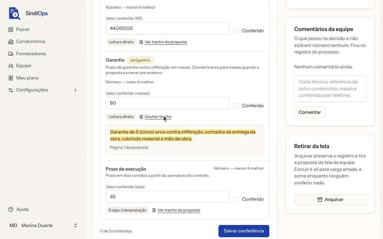 Comparativo de três propostas de impermeabilização no SindiOps, com as notas 8,4, 7,1 e 6,3 e o parecer de cada escolha